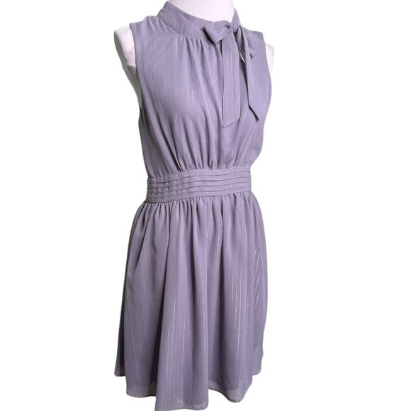 ModCloth Sunny City A-line Tie Neck Grey Dress Silver Sparkles Stripe Medium - Picture 4 of 11
